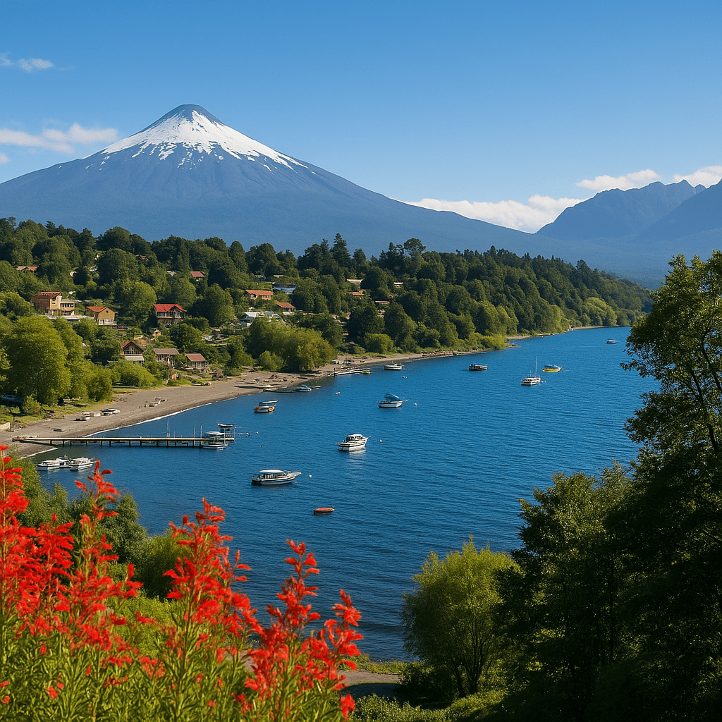 Vista panorámica del Lago Llanquihue con los volcanes Osorno y Calbuco al fondo, capturada desde Puerto Varas, un destino ideal para escapadas en Chile.